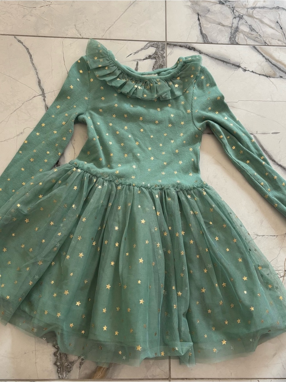 Mini Boden Green Tulle Star Dress with Gold Stars